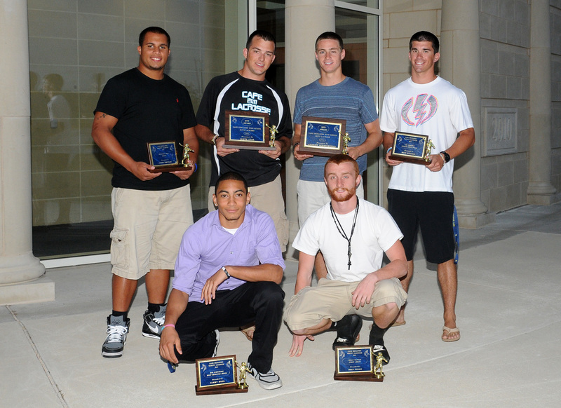 The Cape Henlopen boy’s lacrosse team had its end-of-season Awards Banquet June 5 at Cape Henlopen High School. Varsity award winners were in back (l-r) André Fonville, Most Valuable Defensive Player, James Cook, Co-MVP, Andrew Scrutchfield, Co-MVP aad Matt Millman, Lou Norbeck Unsung Hero Award and in front, Sammy Mohr, Most Improved Player and Dean Julian, Brian Tappan Spirit Award. BY DAN COOK